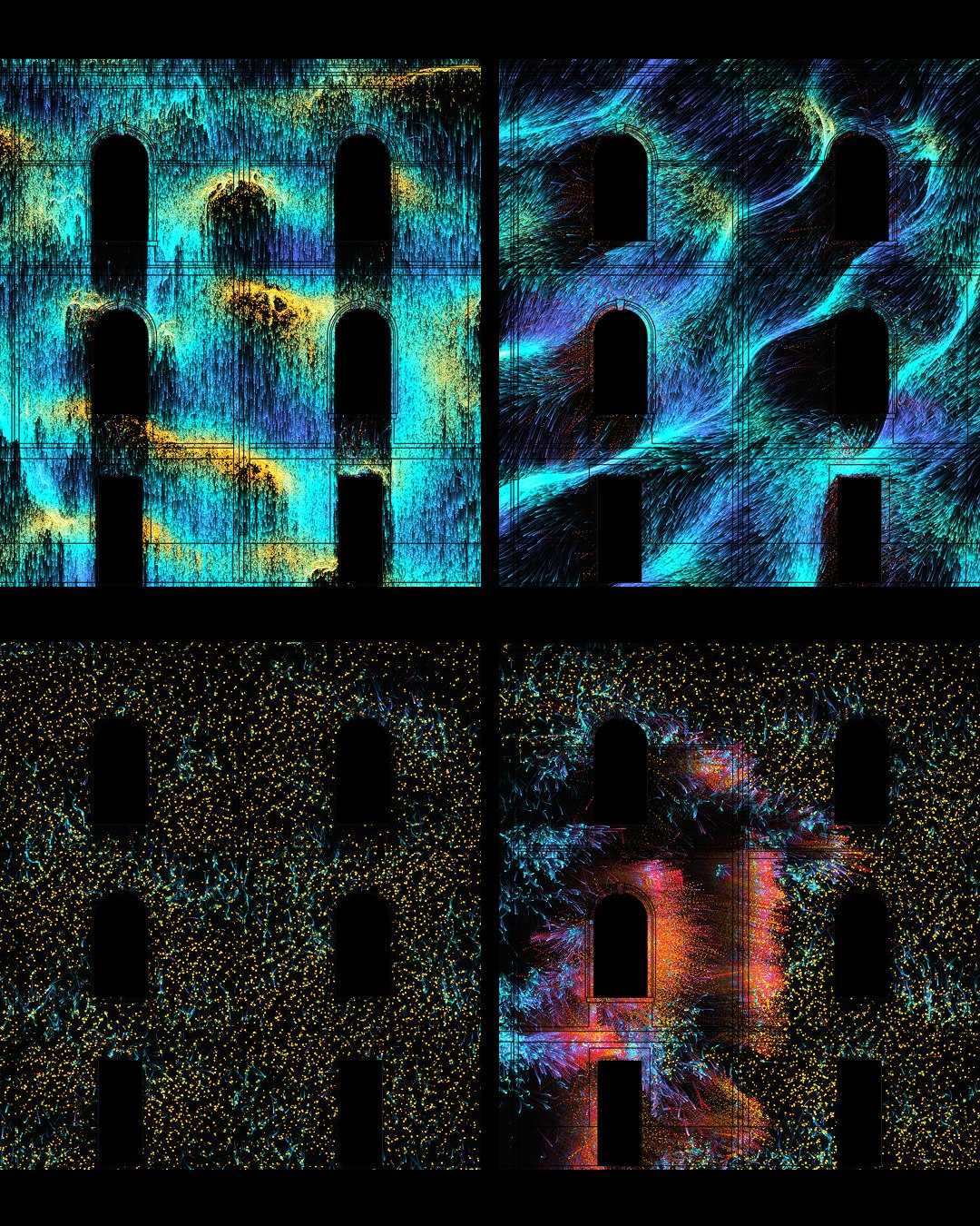 Coucool 2026, mapping, four states of the particle system designed for the façade