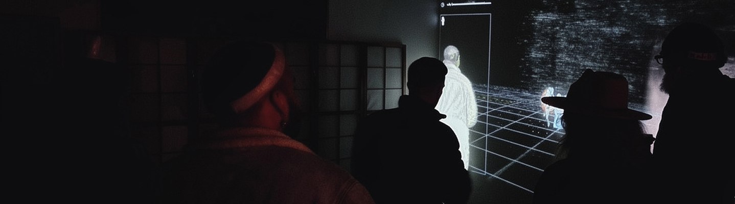 Virtual environment, interactive installation banner, visitors facing the projected hologram