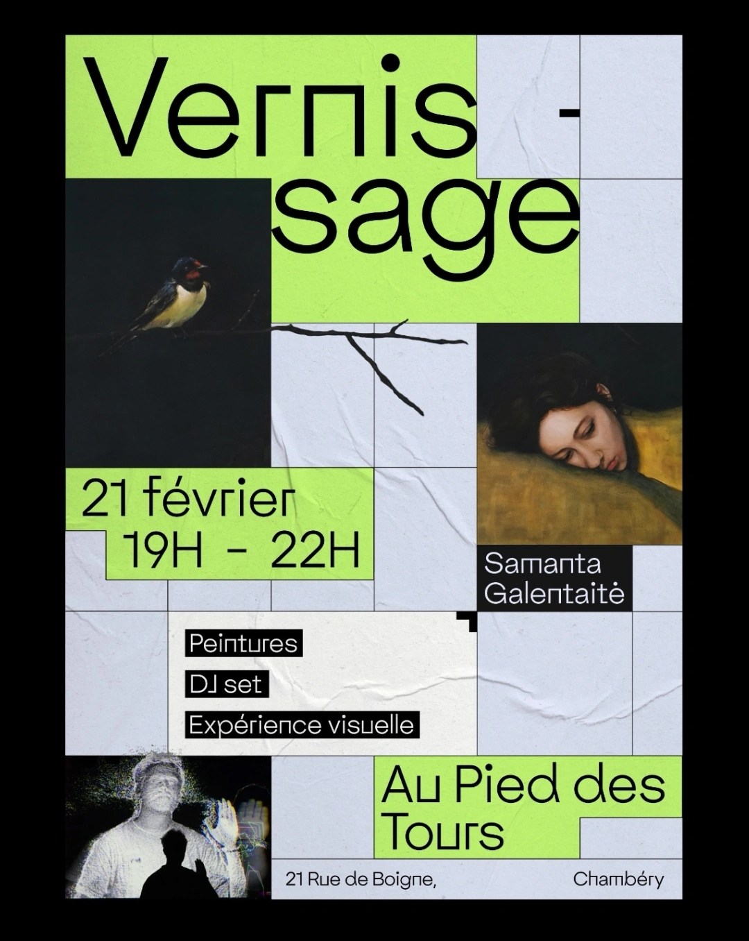 Vernissage poster, Samanta Galentaite solo exhibition at Au Pied des Tours, Chambéry, 21 February